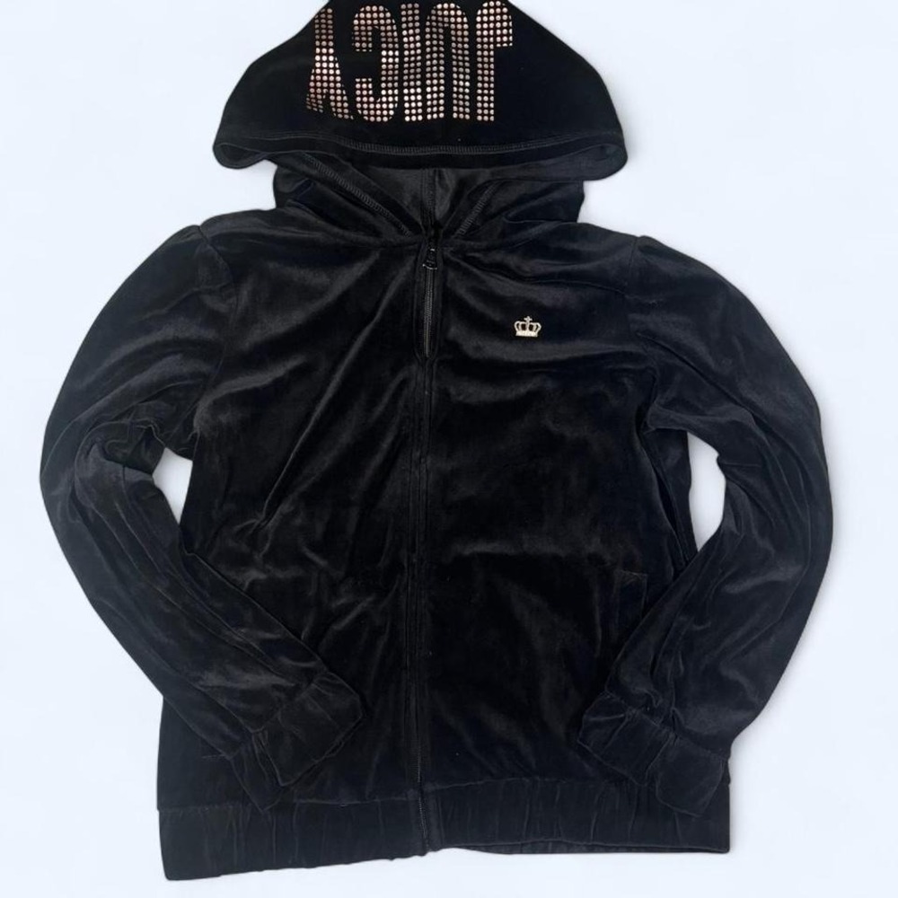 Juicy Couture Black Velour Velvet Zip Up Hoodie W/ Gold‎ Logo Size Large Plus